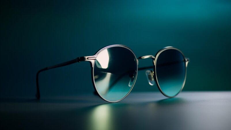 Gros plan sur une paire de lunettes rondes et métalliques aux verres dégradés, l'esthétique idéale pour une Lunettes caméra espion moderne