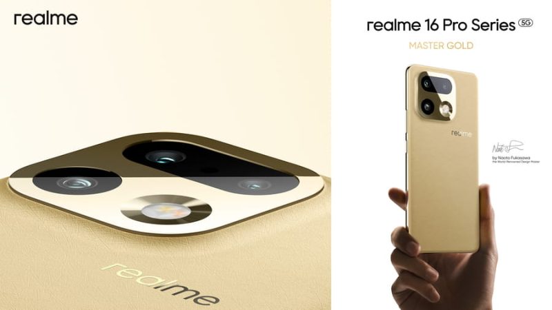 Une image publicitaire composite montrant, à gauche, un gros plan détaillé du module caméra du realme 16 Pro+ Master Gold avec sa texture en similicuir, et à droite, une main tenant le smartphone entier