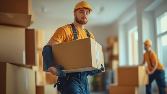 Un déménageur professionnel en tenue de travail (casque et combinaison) porte un carton lors d'un transfert de siège social.